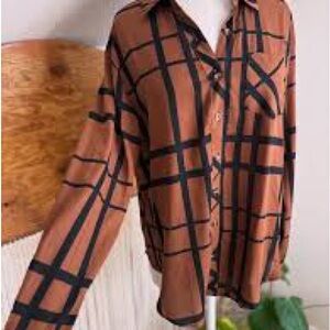 Plaid Button-Up Blouse in Brown and Black